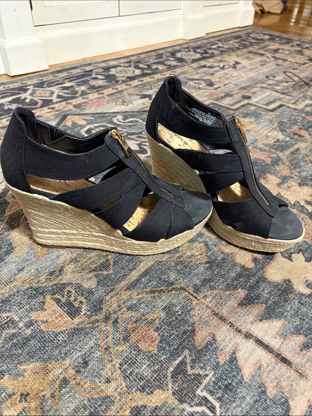 Merona Black Espadrille Wedge Sandals with Gold Zip